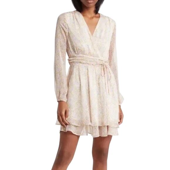 Elodie White Multi Floral Sheer Ruched Front Tie Surplice Mini Dress Large NWOT - Picture 1 of 16